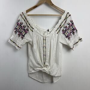 Anthropologie Top Blouse Tie Top Embroidered Size 2 Cotton